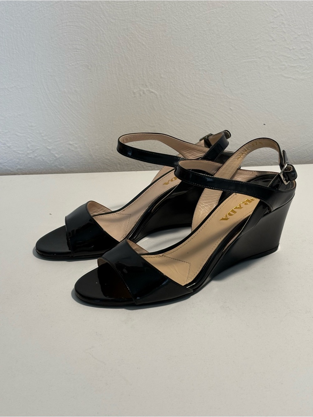 Prada Black Patent Wedge Sandals with Ankle Strap